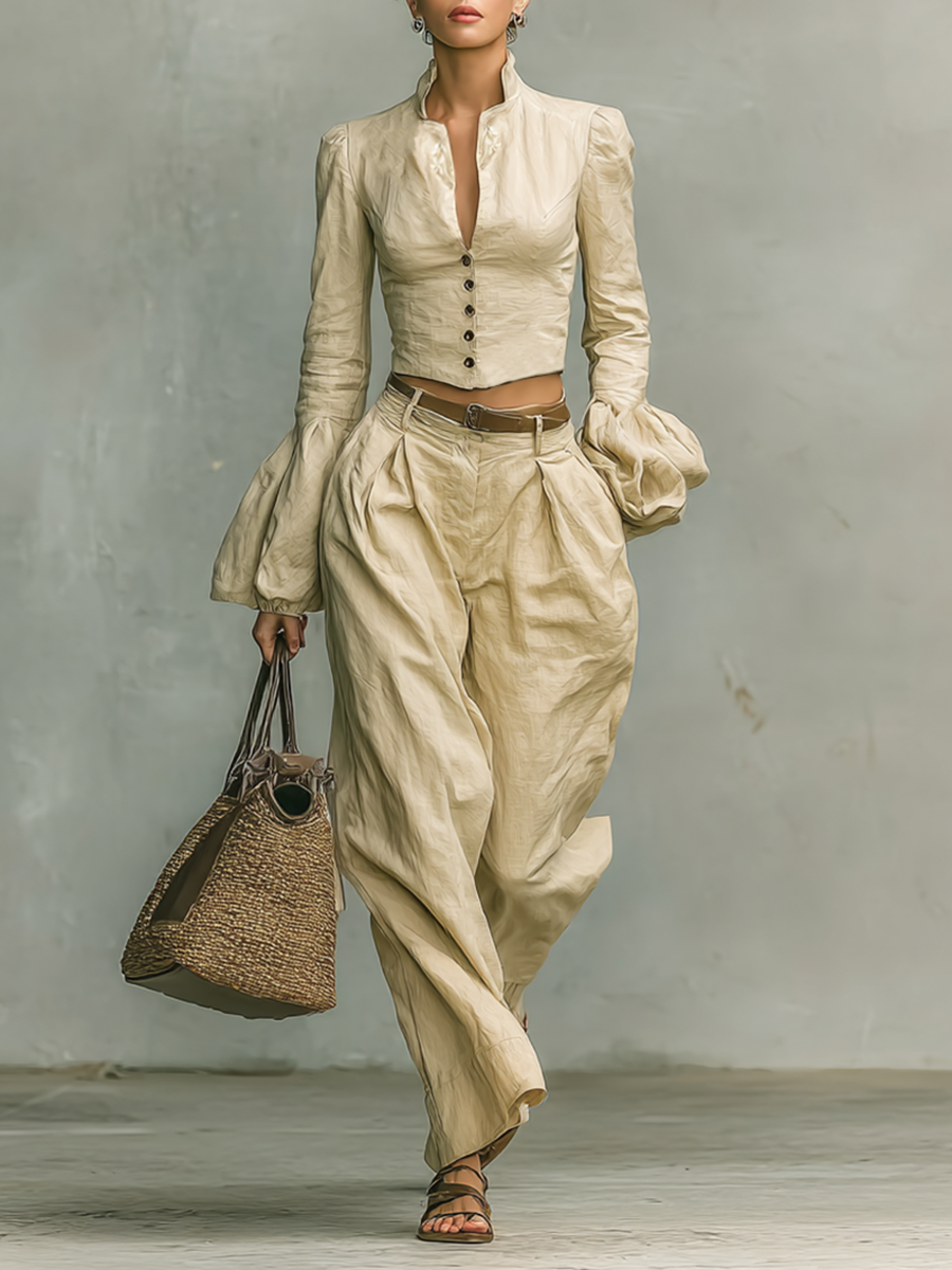 Women's Retro Linen-like Fabric Stand-up Collar Single-breasted Shirt Trousers Two-piece Set MDA2423G7Y