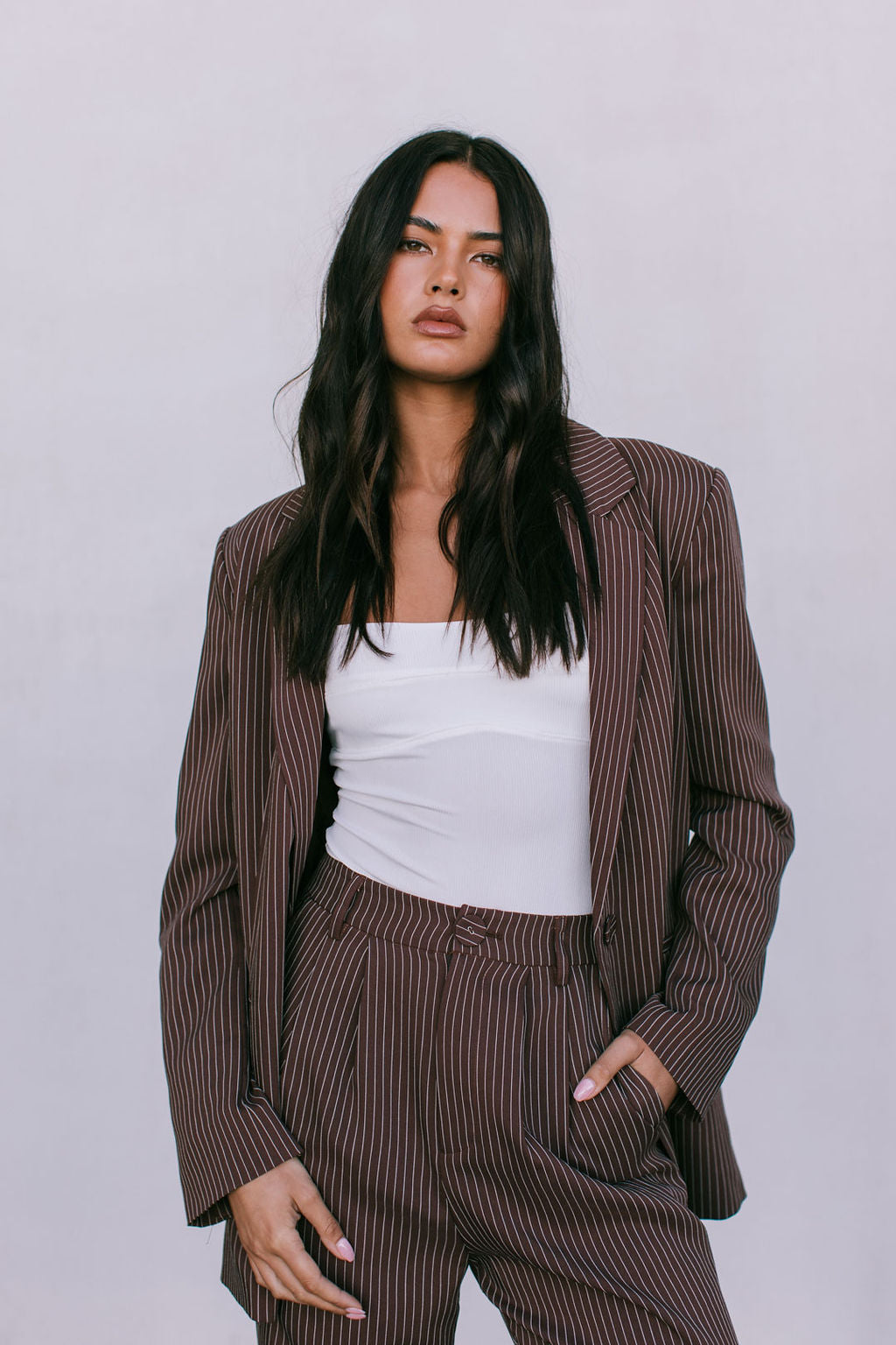 Quade Tailored Blazer - Chocolate Pinstripe