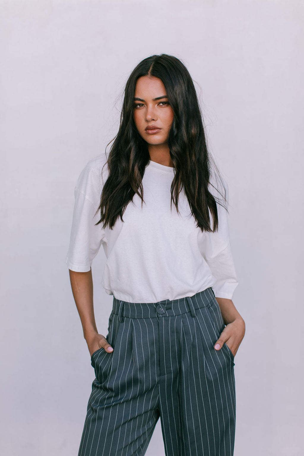 Cerlah Tailored Pants - Charcoal Grey Pinstripe