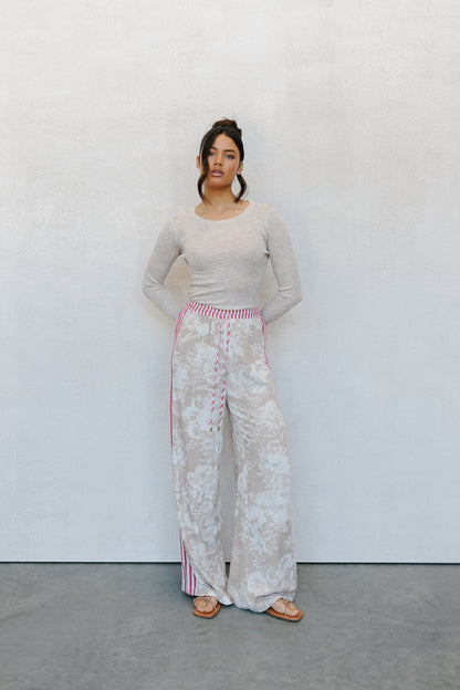 Citta Pants - Beige Floral/Red Stripe