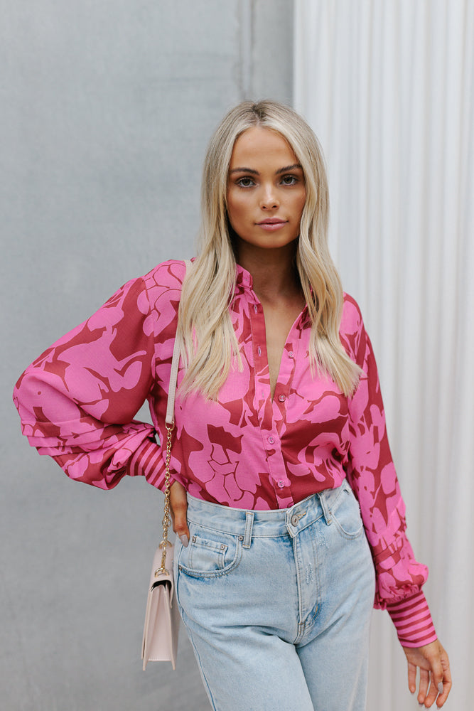 Chicago Billowed Shirt - Plum Floral Print