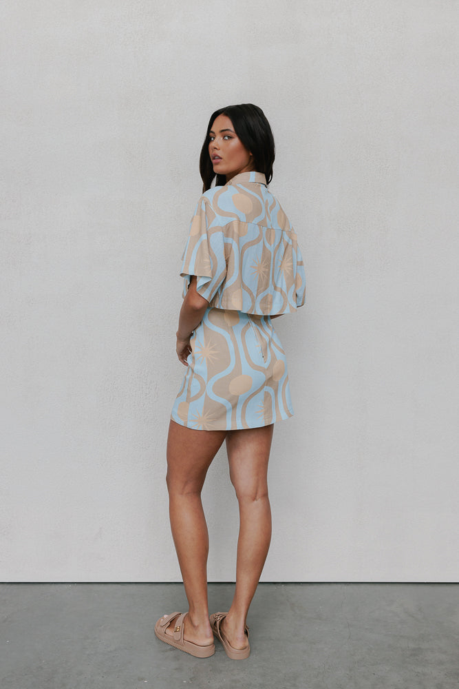 Aprire Mini Skirt - Blue/Tan Sun Print
