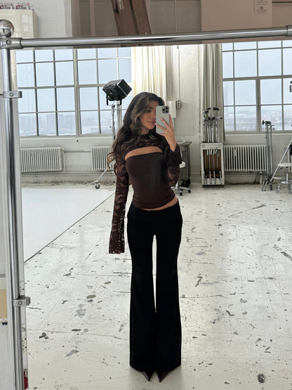 Lara lace long sleeve top - dark brown