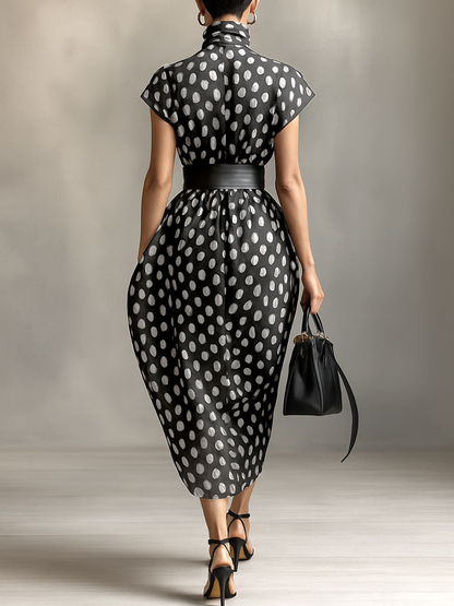 Women's Chiffon Polka Dot Print High Collar Cap Sleeve Belt Maxi Dress MDA1106G4Y
