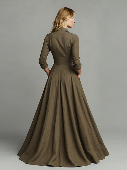 Women's Vintage Cotton And Linen Blended Shirt Floor-Mounting Maxi Dress MDA3058G3Y