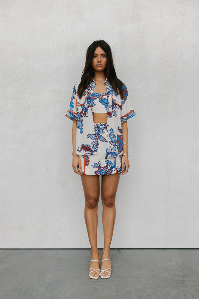 Aprire Mini Skirt - Cream/Blue Paisley Print