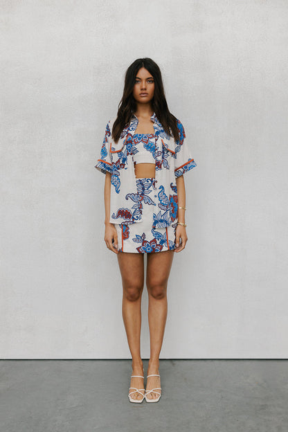Aprire Mini Skirt - Cream/Blue Paisley Print