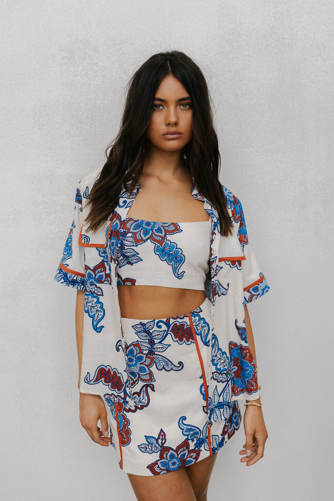 Aprire Mini Skirt - Cream/Blue Paisley Print