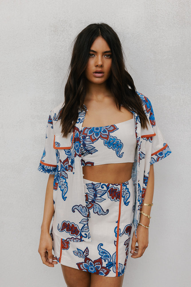 Aprire Mini Skirt - Cream/Blue Paisley Print