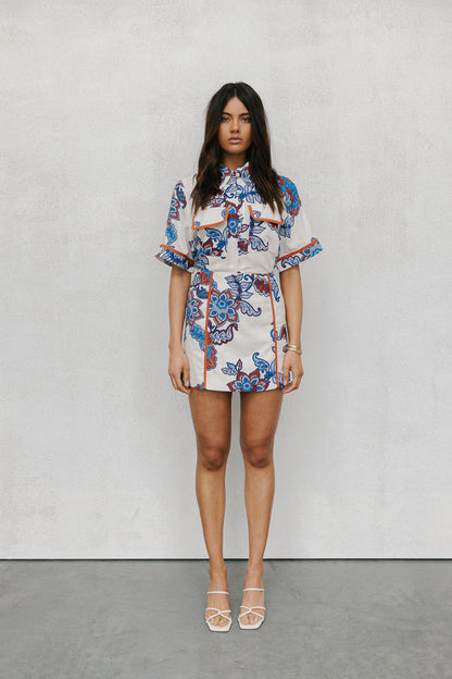 Aprire Mini Skirt - Cream/Blue Paisley Print