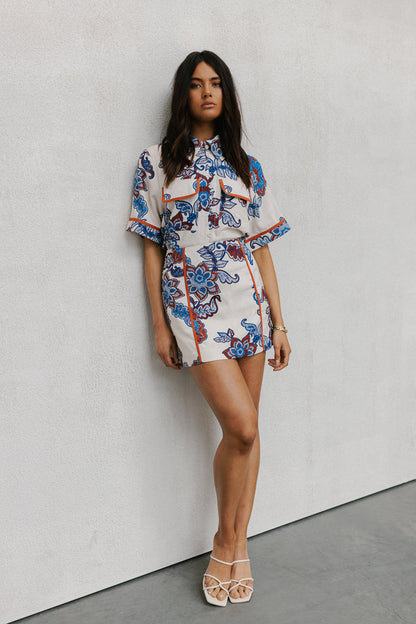 Aprire Mini Skirt - Cream/Blue Paisley Print