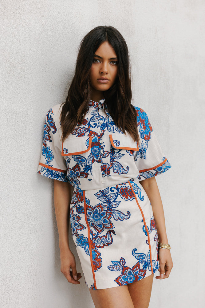 Aprire Mini Skirt - Cream/Blue Paisley Print