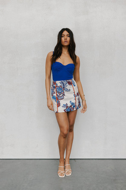 Aprire Mini Skirt - Cream/Blue Paisley Print