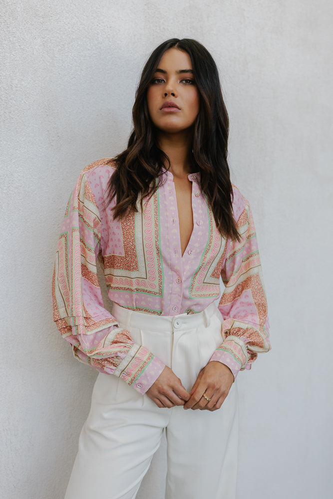 Chicago Billowed Shirt - Pink Tile Print