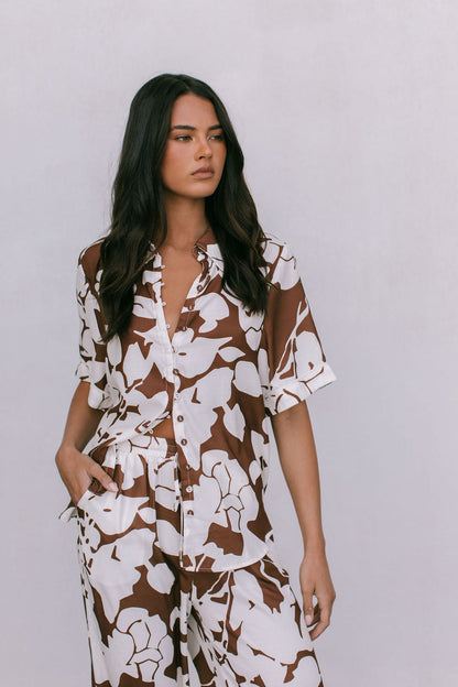 Petra Shirt - Chocolate Brown/Cream Floral Print