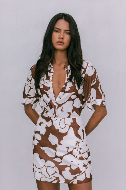 Petra Shirt - Chocolate Brown/Cream Floral Print