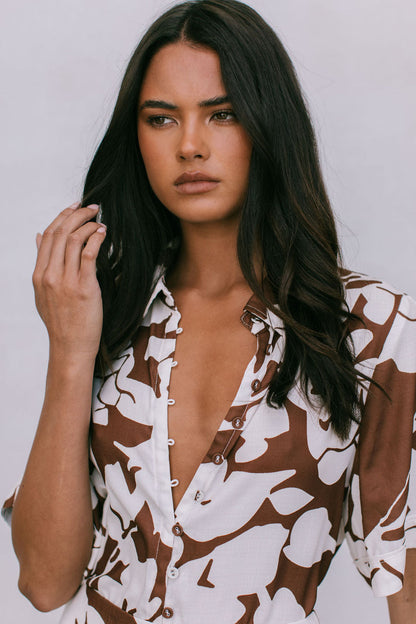 Petra Shirt - Chocolate Brown/Cream Floral Print