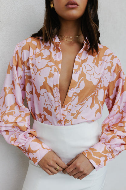 Chicago Billowed Shirt - Tan Floral Print