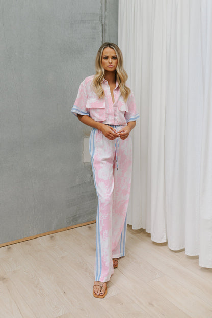 Esimio Cropped Shirt - Pink Floral/Blue Stripe