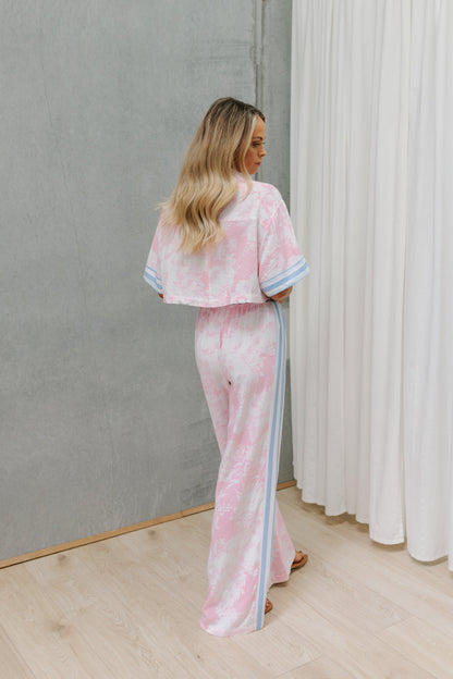 Esimio Cropped Shirt - Pink Floral/Blue Stripe