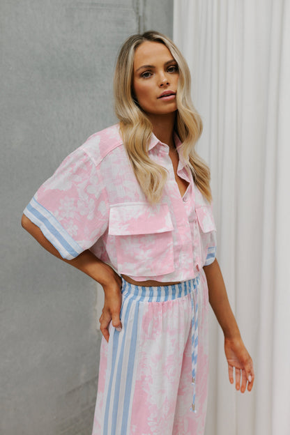 Esimio Cropped Shirt - Pink Floral/Blue Stripe