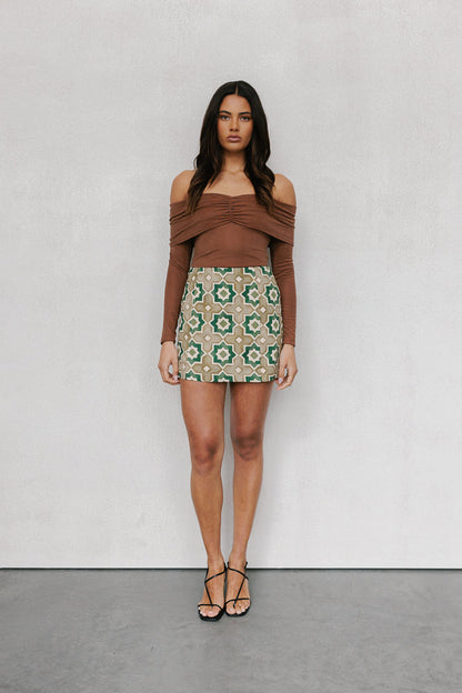 Aprire Mini Skirt - Khaki Tile Print