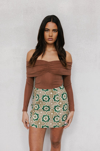 Aprire Mini Skirt - Khaki Tile Print