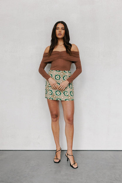 Aprire Mini Skirt - Khaki Tile Print
