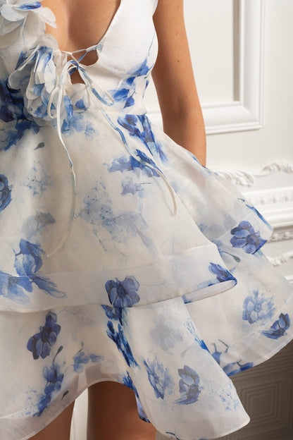 Azure Bloom Ruffle Dress - Blue
