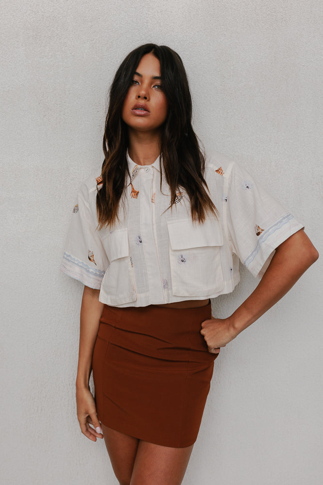 Esimio Cropped Shirt - Seashell Print/Watercolour Stripe