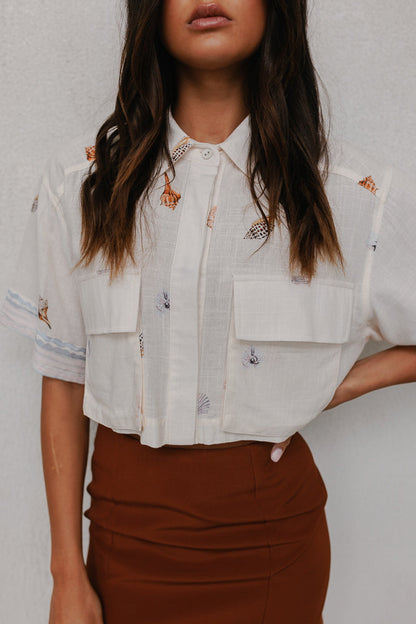 Esimio Cropped Shirt - Seashell Print/Watercolour Stripe