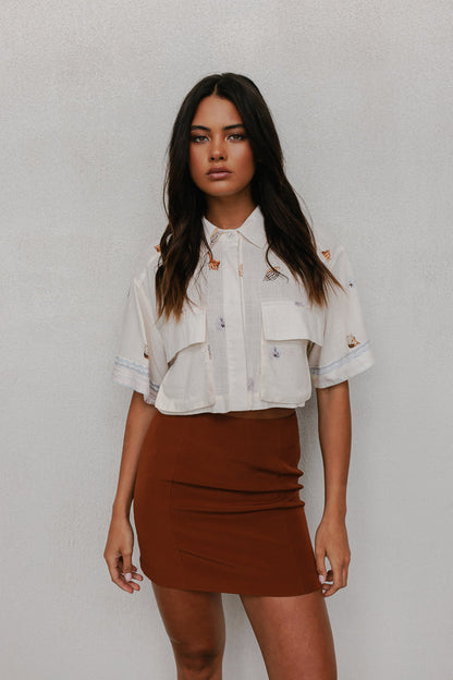 Esimio Cropped Shirt - Seashell Print/Watercolour Stripe