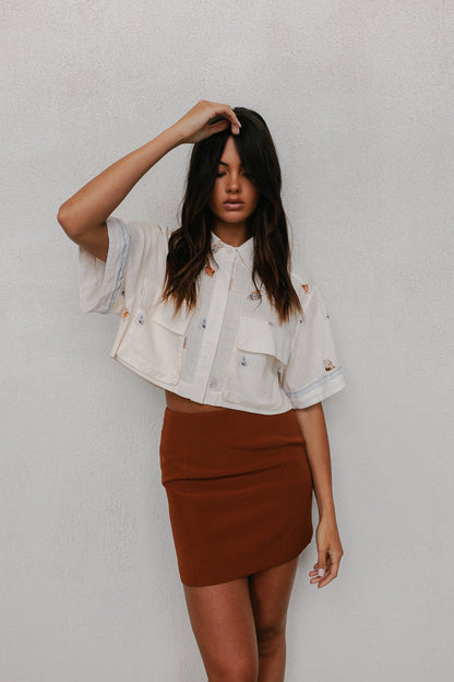 Esimio Cropped Shirt - Seashell Print/Watercolour Stripe