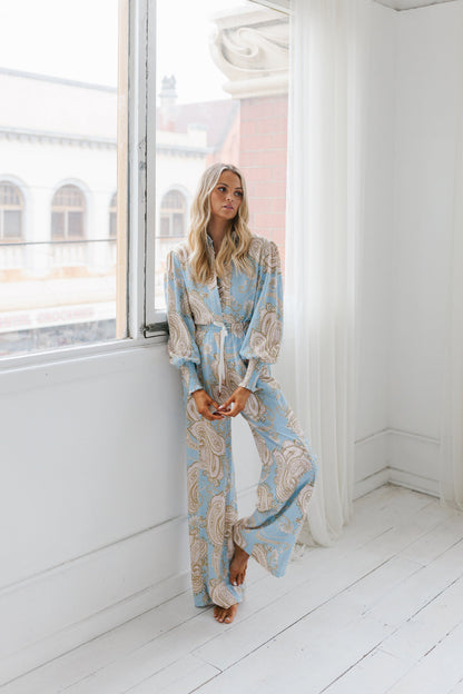 Giara Billowed Shirt - Sky Blue Paisley Print