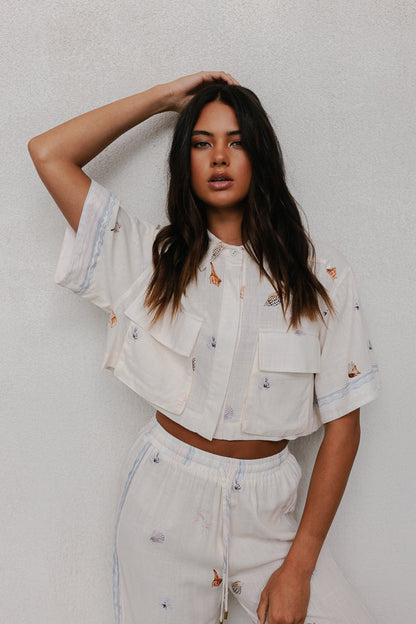 Esimio Cropped Shirt - Seashell Print/Watercolour Stripe