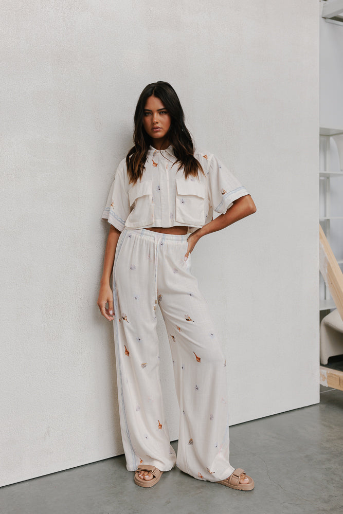 Esimio Cropped Shirt - Seashell Print/Watercolour Stripe