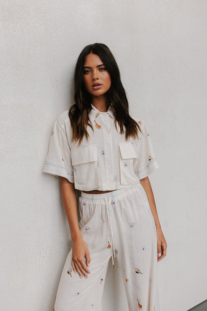 Esimio Cropped Shirt - Seashell Print/Watercolour Stripe