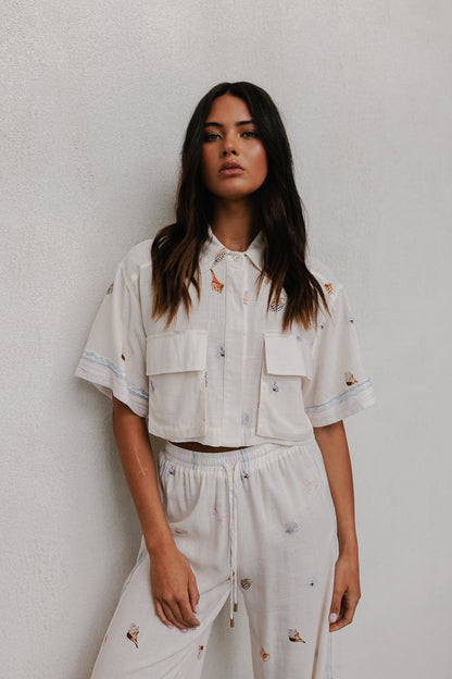 Esimio Cropped Shirt - Seashell Print/Watercolour Stripe