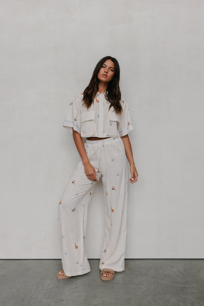 Esimio Cropped Shirt - Seashell Print/Watercolour Stripe