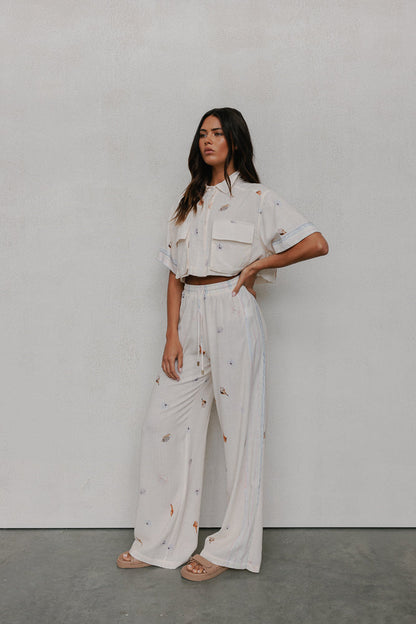 Esimio Cropped Shirt - Seashell Print/Watercolour Stripe