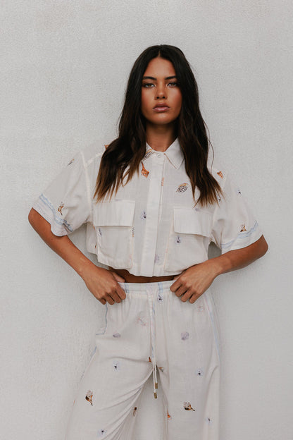 Esimio Cropped Shirt - Seashell Print/Watercolour Stripe