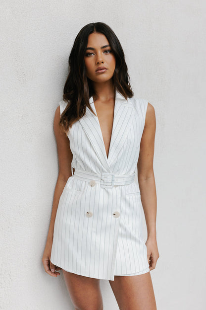 Cullen Mini Blazer Dress - White Pinstripe