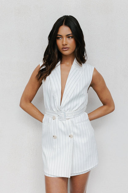 Cullen Mini Blazer Dress - White Pinstripe