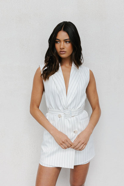 Cullen Mini Blazer Dress - White Pinstripe