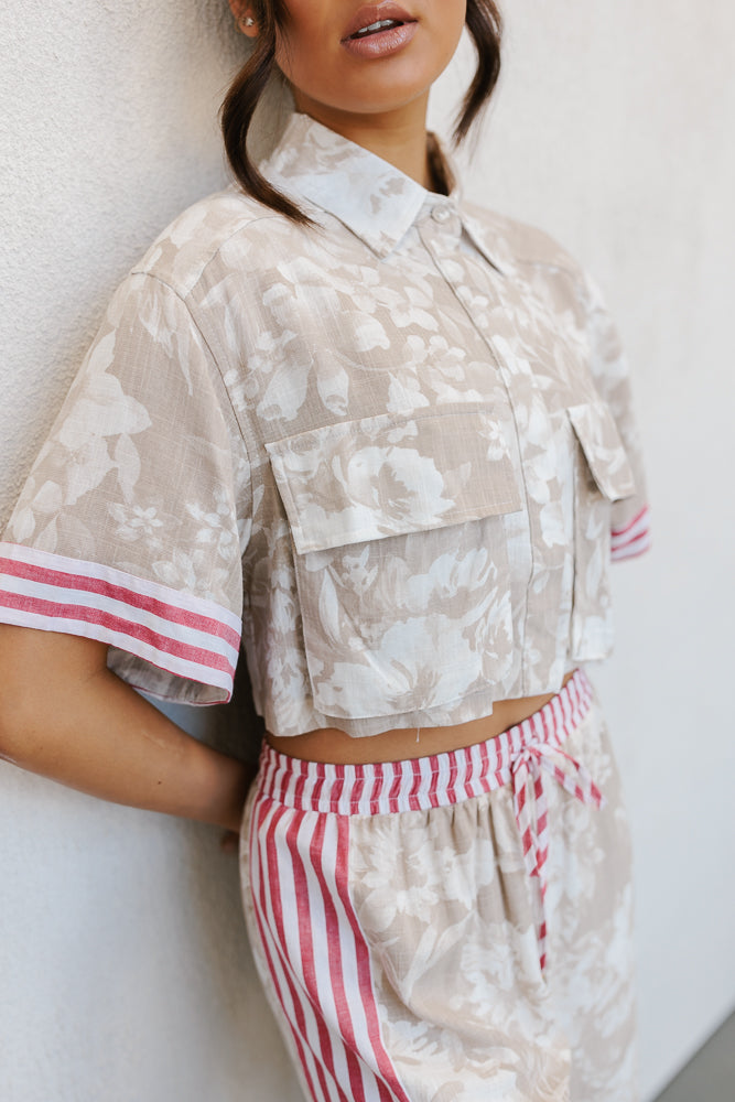 Citta Pants - Beige Floral/Red Stripe