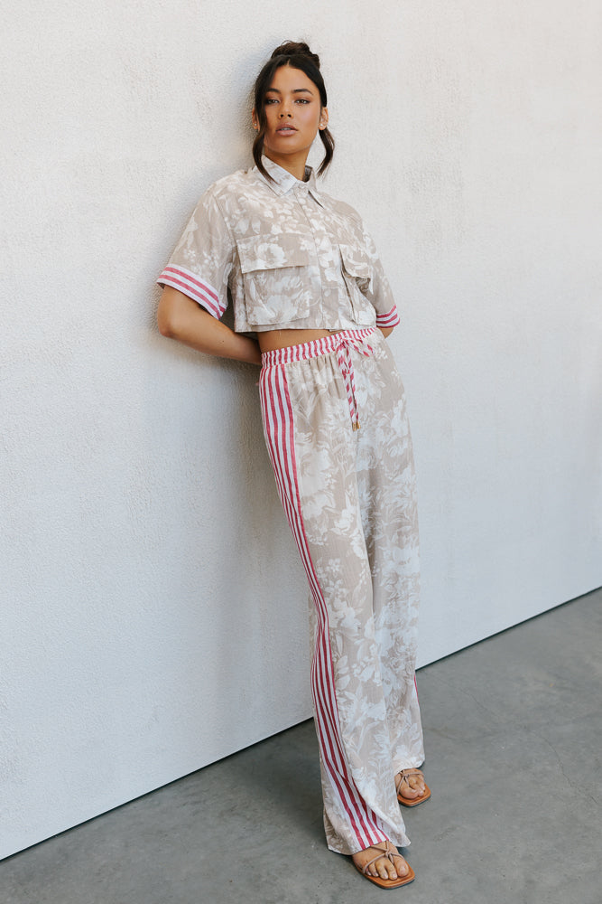Citta Pants - Beige Floral/Red Stripe