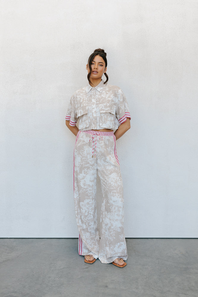 Citta Pants - Beige Floral/Red Stripe