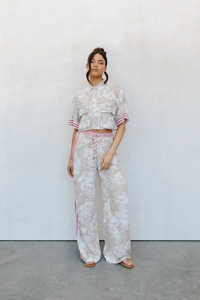 Citta Pants - Beige Floral/Red Stripe