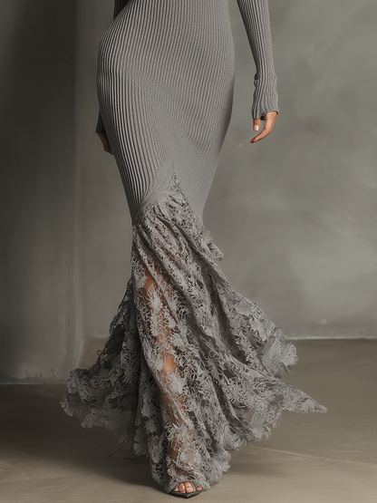 Women's Gray Knitted Slim-fit Versatile Maxi Dress MDA0496I2T