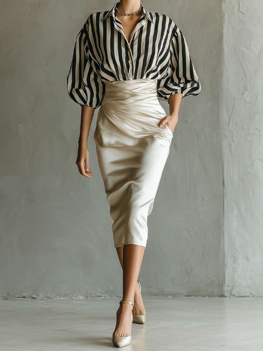 Women's Black And White Striped Cotton Shirt And Beige Satin Skirt Set MDA0826H7T